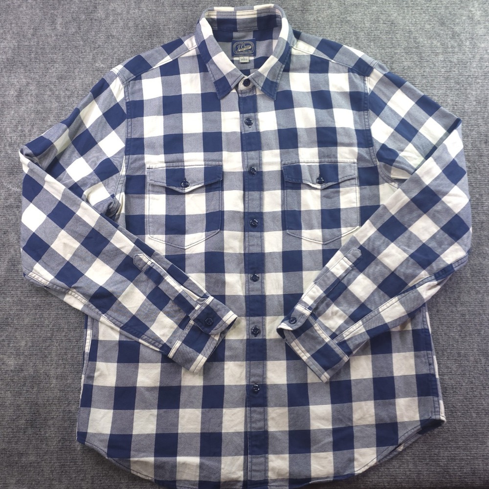 J Crew‎ New York Shirt Large Blue White Plaid Long Sleeve Button Up Pockets